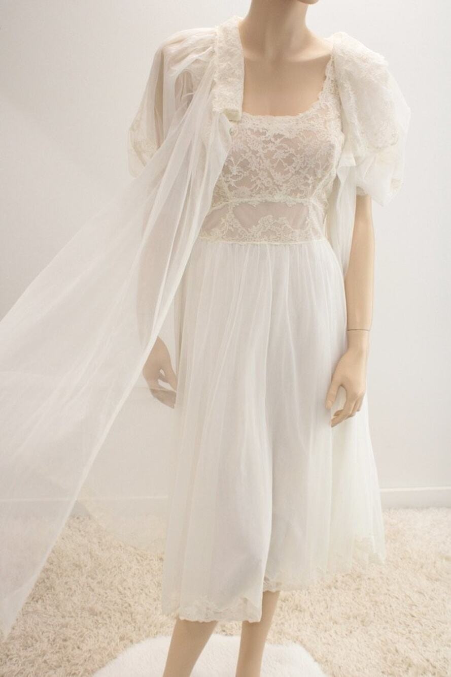 Vtg Shadowline Nightgown Peignoir Robe Set Small Nylon Chiffon Angelcore Bridal